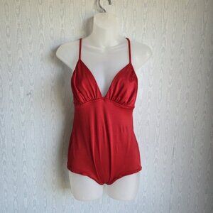 Vtg 80s 90s Malibu M/L Swimsuit One Piece Red Open Back Halter Racerback Retro